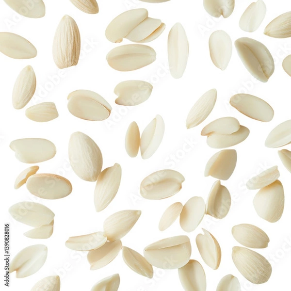 Fototapeta Scattered blanched almonds on a plain bright surface view isolated on white background