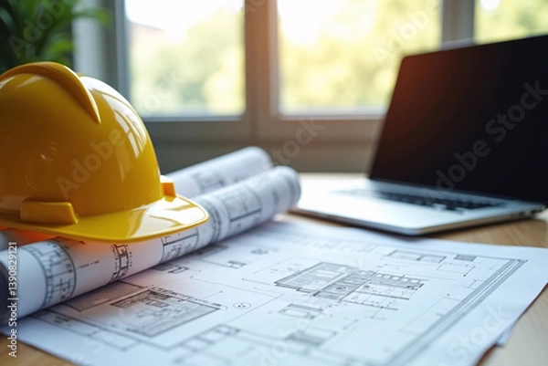 Obraz Construction Estimator Desk with Blueprints, Laptop, and Yellow Hard Hat – Symbolizing Planning, Accuracy, and Industry Expertise