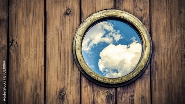 Fototapeta A wooden door with a round mirror on it. The mirror reflects a blue sky with clouds. The mirror is made of brass