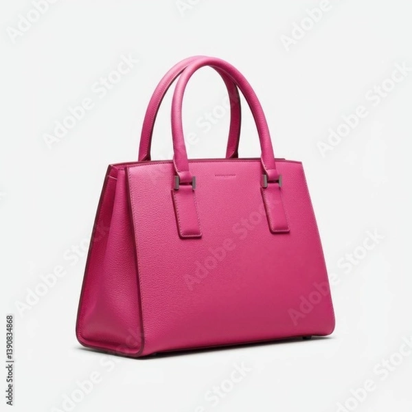 Fototapeta Elegant pink leather handbag with structured design and metallic accents in studio shot isolated on white background