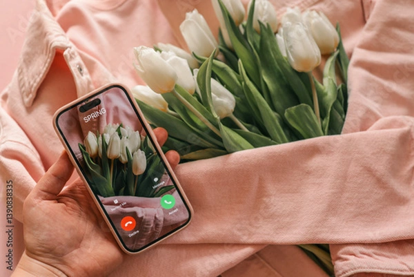 Obraz Close-up of a hand holding a smartphone with an incoming call from “Spring,” in front of a bouquet of white tulips and a soft pink denim shirt. Aesthetic spring flat lay with cozy, pastel tones