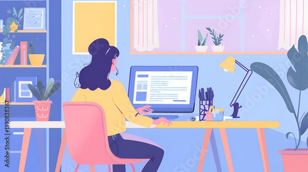 Fototapeta Cozy home office nook with a wooden desk, computer, many plants, and soft sunlight filtering through a window.

