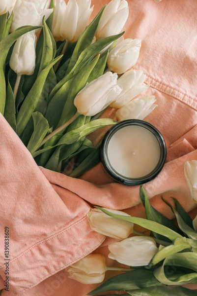 Obraz Cozy still life with a burnt candle in an amber glass jar surrounded by white tulips, a pink denim jacket, and croissants in a paper bag. Soft natural lighting enhances the calm, springtime atmosphere