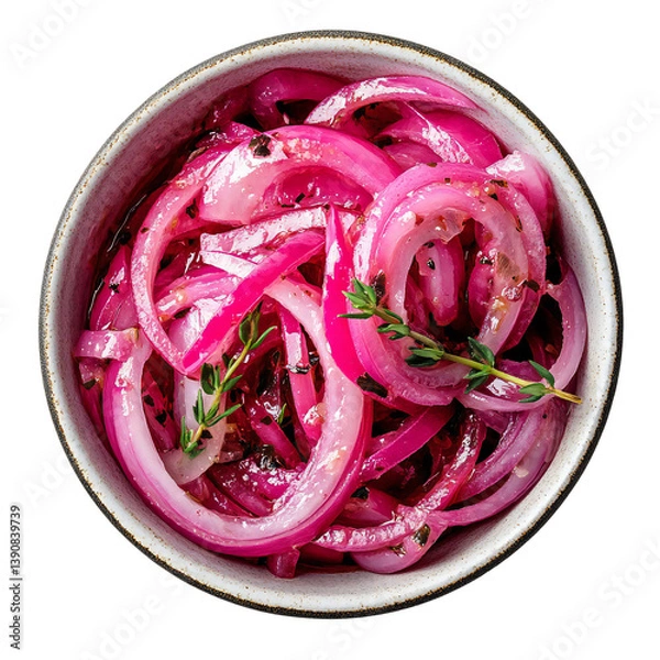 Fototapeta Top view of a bowl of pickled red onion, tangy condiment concept, Isolated Transparent Background