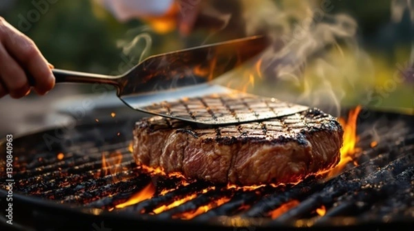 Obraz Chuck roast steak being flipped with tongs on outdoor grill as flames touch meat surface, creating diamond grill marks with rendering fat and smoke in evening light
