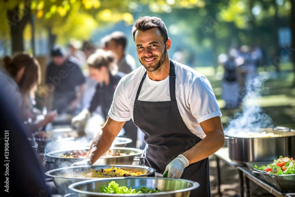 Fototapeta Volunteer, smiling man preparing a large meal outdoors, surrounded by people in cooking activities. Concept of community service and charity initiatives aimed at aiding the homeless and needy