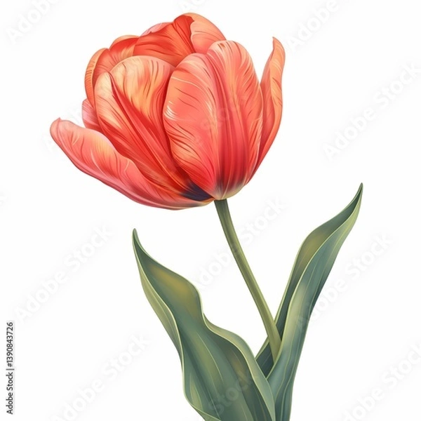 Fototapeta Red tulip illustration elegant petals, vibrant color on white background, botanical theme, nature highlight.