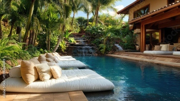 Fototapeta Luxurious Outdoor Poolside Oasis with Comfortable Loungers and Serene Tropical Surroundings