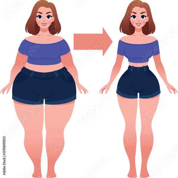 Obraz Before and after weight loss young woman on a white background cartoon vector illustration