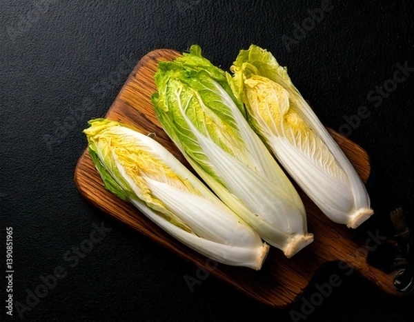 Fototapeta Belgian endive, raw fresh witloof chicory buds, with slightly bitter leaves, over black. Witlof, indivia, endivias or chicon, grown in absence of light to preserve a pale color and a delicate flavor.
