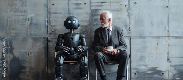 Fototapeta AI robot sitting on a chair next to an elderly man with coffee, both waiting for a job interview. AI vs human concept.Technology coexisting people professional environment artificial intelligence