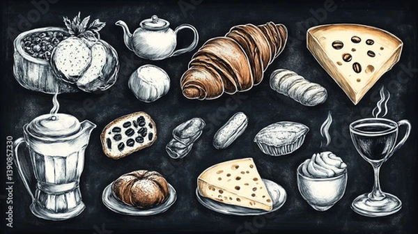 Fototapeta Delicious breakfast pastries and coffee drawing on chalkboard background for food blog and cafe menu design