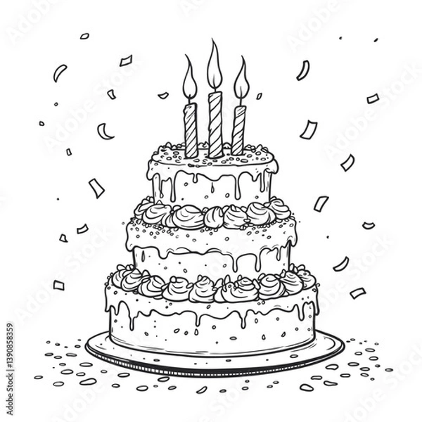 Fototapeta Hand-drawn sketch of a layered birthday cake with flowing icing and lit candles