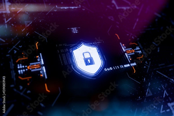 Fototapeta Futuristic neon shield with a checkmark on a digital background. Concept of cybersecurity, data protection, digital safety, privacy policy, compliance and secure technology.