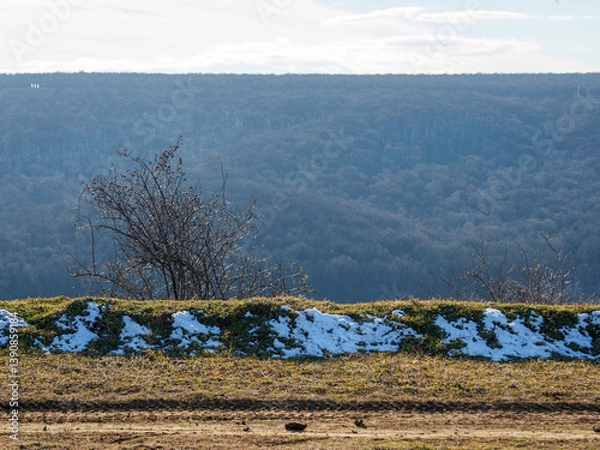 Fototapeta A snowy hilltop contrasts with the grassy terrain, while distant mountains create a serene backdrop. The scene captures the calm beauty of a winter landscape during the day.
