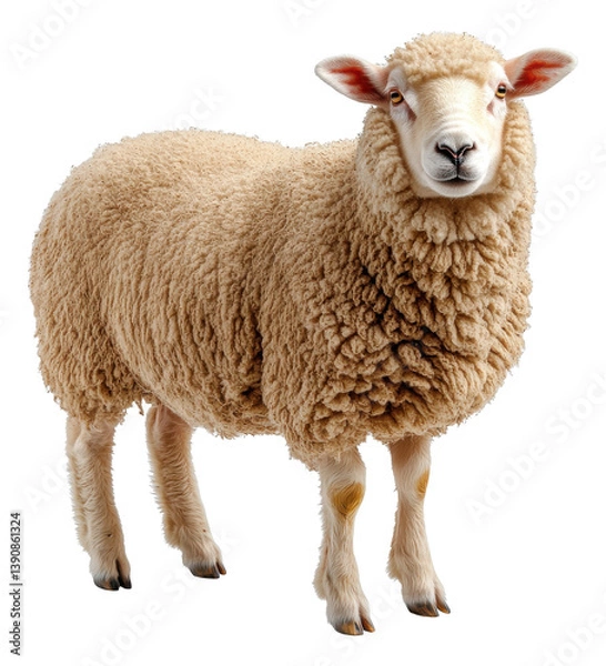 Fototapeta Sheep standing on a white background, showcasing its fluffy wool and curious expression Generative AI