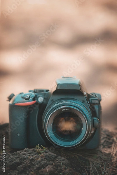 Obraz Digital camera with an antique lens on the lawn of a beautiful forest, world photography day concept, copy space.