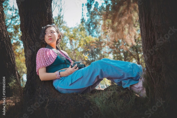 Obraz Young woman photographer holding a camera poses for the camera, photographer's day concept, has plenty of room to write.