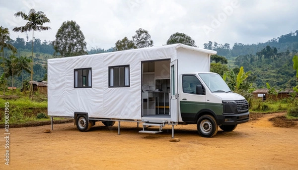 Fototapeta Mobile office van in a natural setting with open side and windows.