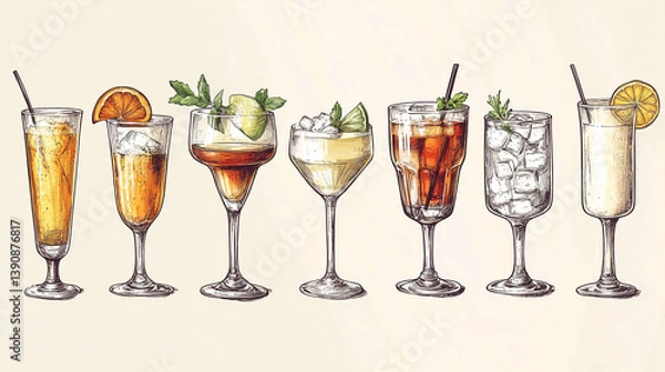 Fototapeta Cocktail drinks illustration: refreshing summer cocktails with garnish and ice for bar menu and party ideas