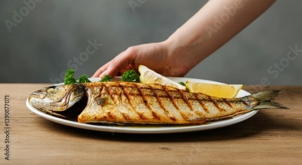 Obraz Grilled whole fish on plate with lemon and parsley on wooden table