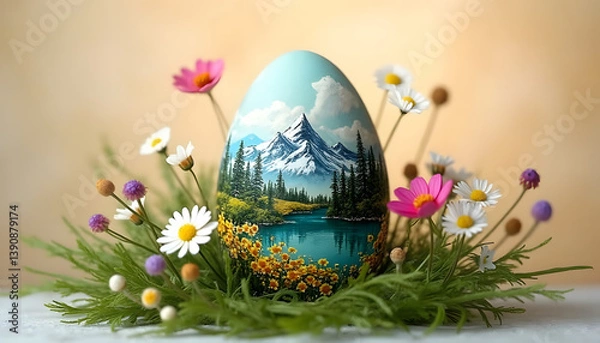 Fototapeta Highly detailed photo of an Easter egg decorated with a delicate painting of a mountain landscape, on a light beige background with muted tones. 