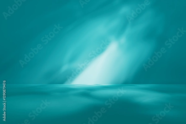 Obraz Studio background for display product. Empty room with shadows, caustics and soft lighting for product presentation. Minimalistic showcase for advertisement with turquoise wall and floor.