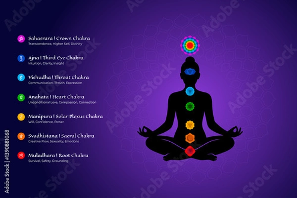 Obraz Seven Chakra Energy System – A Color-Coded Spiritual Guide to Inner Harmony, Healing, and Self-Realization Through the Ancient Yogic Wisdom of the Subtle Body
