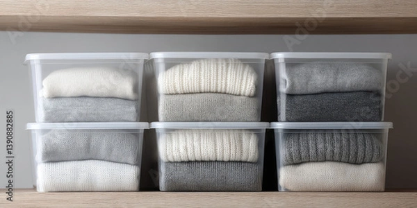 Fototapeta Open closet with plastic clear containers with stacks of clothes. Organization of clothes storage.