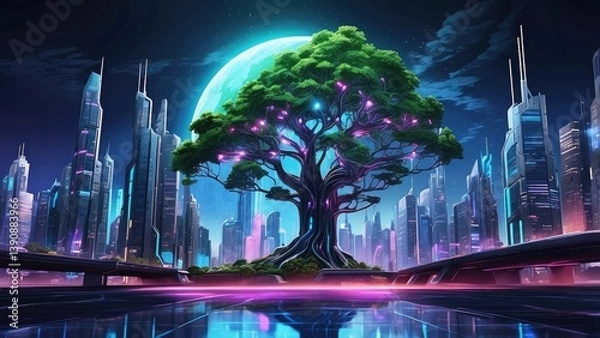 Obraz A large, lush, green tree stands prominently in the center of the image