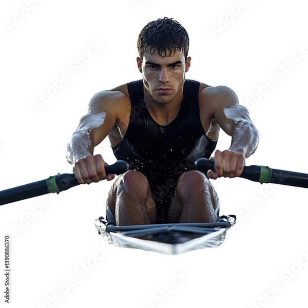 Fototapeta A Rowing Athlete Pulls Oars with Synchronized Power Isolated on Transparent Background