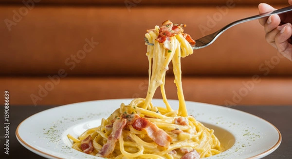 Obraz Delicious spaghetti carbonara with bacon and creamy sauce on white plate