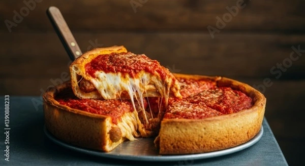 Obraz Delicious melty cheese chicago-style deep-dish pizza with tomato sauce