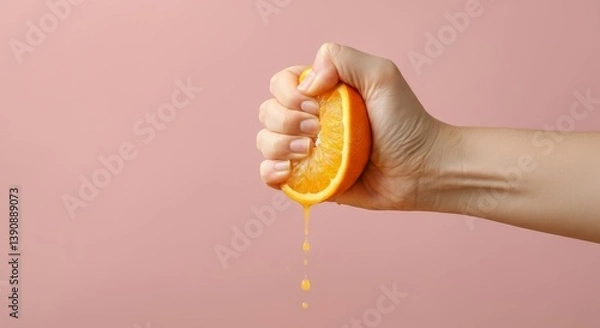 Obraz Hand squeezing orange half with juice against pink background