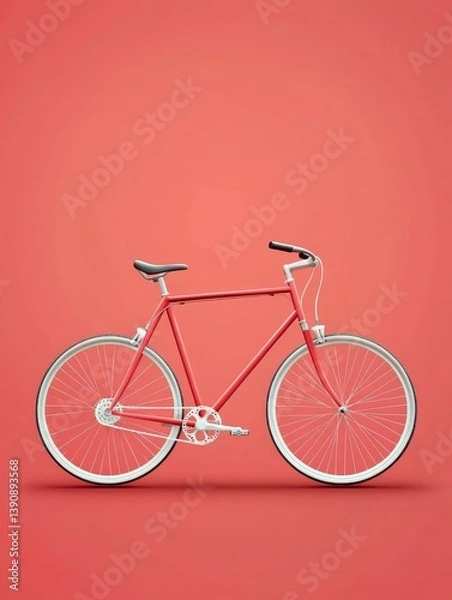Fototapeta Red Bicycle with White Wheels on Simple Coral Background Studio Shot