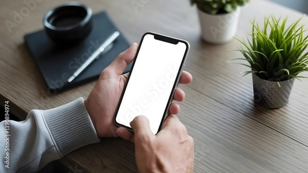 Fototapeta Mockup of Hand Holding Smartphone with Blank Screen at Desk with Laptop and coffee