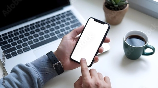 Fototapeta Mockup of Hand Holding Smartphone with Blank Screen at Desk with Laptop and coffee