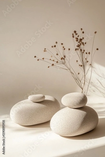 Obraz Smooth stones, minimalist aesthetic, natural decor.  Dried plant sprigs add a touch of earthy warmth