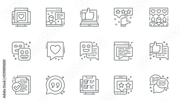 Fototapeta Review icons set in outline stroke design for web. Pack line pictograms with online feedback, comment, user experience, like, rating, audience, negative, positive, heart, other. Vector illustration.