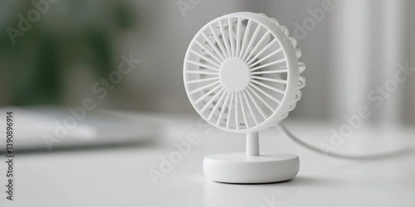 Fototapeta Portable fan with USB connection to laptop on desktop table. 