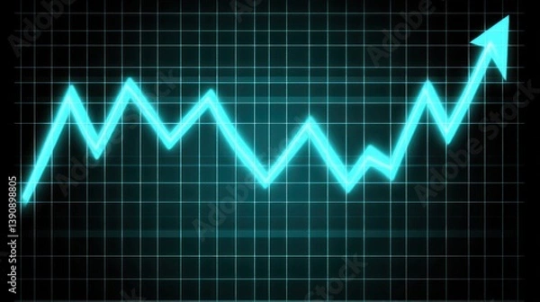 Fototapeta Upward trending glowing teal line graph on dark grid background.
