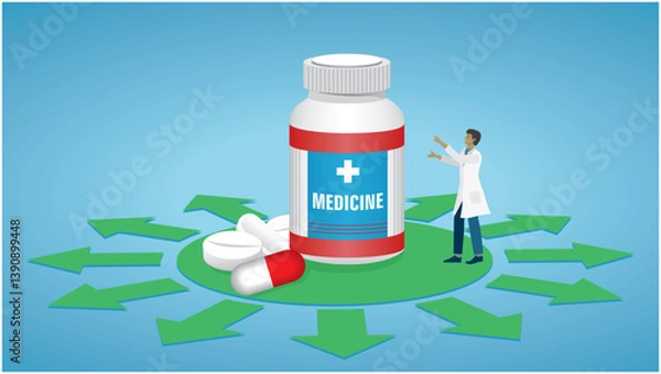 Obraz Man in choice of prescription medicine. Multiple choices. Dimension 16:9. Vector illustration.