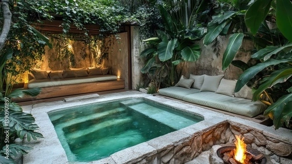Fototapeta Tranquil Oasis with Inviting Pool and Comfortable Lounge Surrounded by Lush Greenery in Serene Outdoor Setting