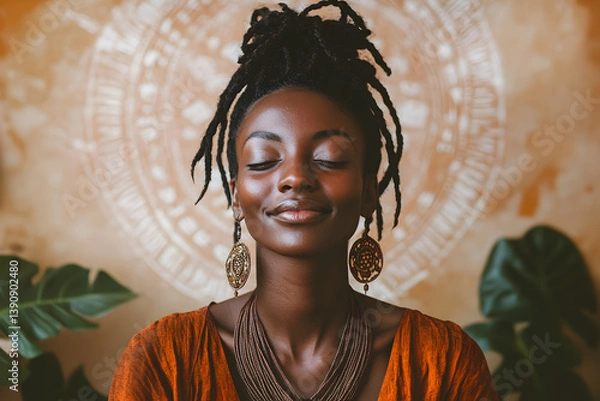 Fototapeta  Portrait of a smiling woman with braids, wearing a terracotta top in a neutral-toned room with wooden decor and leafy plants. Light from window