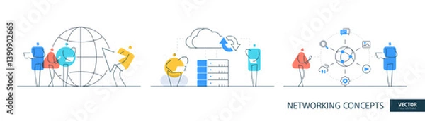 Fototapeta Cloud storage illustrations set in thin line style. Global server abstract linear vector design concepts. Network security flat icons. Tiny geometric people team.