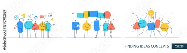 Fototapeta Creative idea illustrations set in thin line style. Team feedback abstract linear vector design concepts. Brainstorm talk flat icons. Tiny geometric people team.