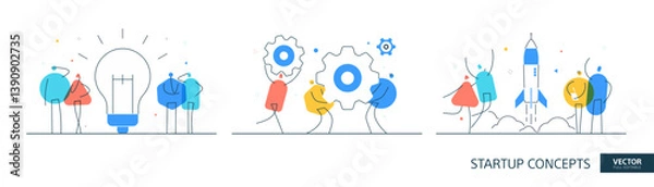 Obraz Startup solution illustrations set in thin line style. Creative idea abstract linear vector design concepts. Technology communication flat icons. Tiny geometric people team.