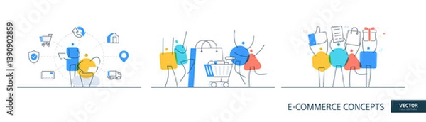 Obraz Retail discount illustrations set in thin line style. Happy customer abstract linear vector design concepts. Shopping cart flat icons. Tiny geometric people team