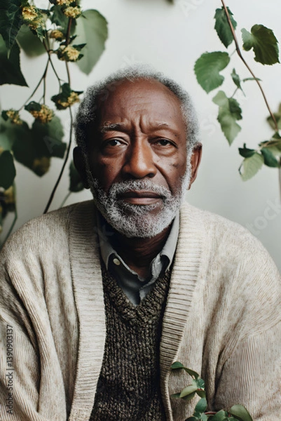 Fototapeta Portrait of an older Black man with salt-and-pepper beard, wearing a beige cardigan in a minimalist room with white walls, wood textures, and leafy plants