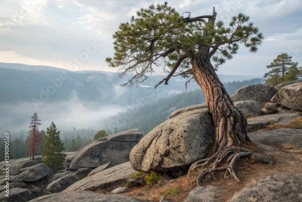 Fototapeta Unique Tree on Rocky Terrain Overlooking Misty Mountains Generative AI